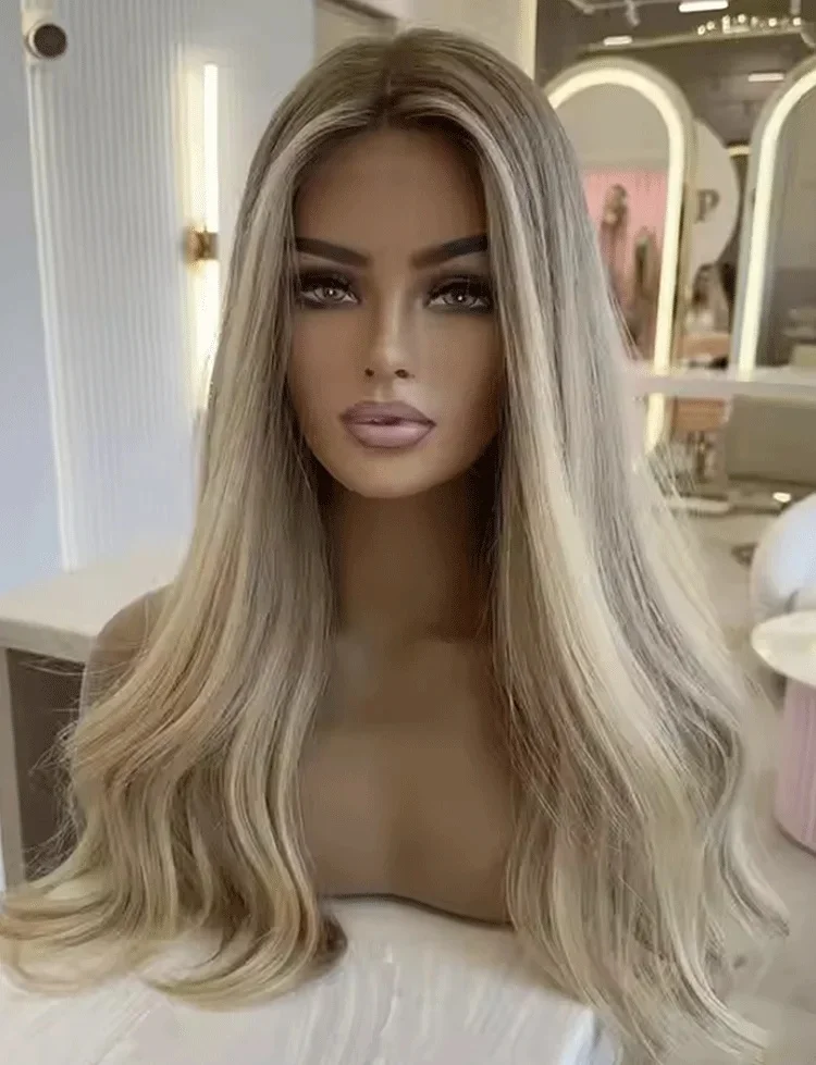 Synthetic and blend lace wigs Light Golden Blonde Ombre Lace Front Wig for women Natural Wavy Glueless Wig Lady Cosplay Party