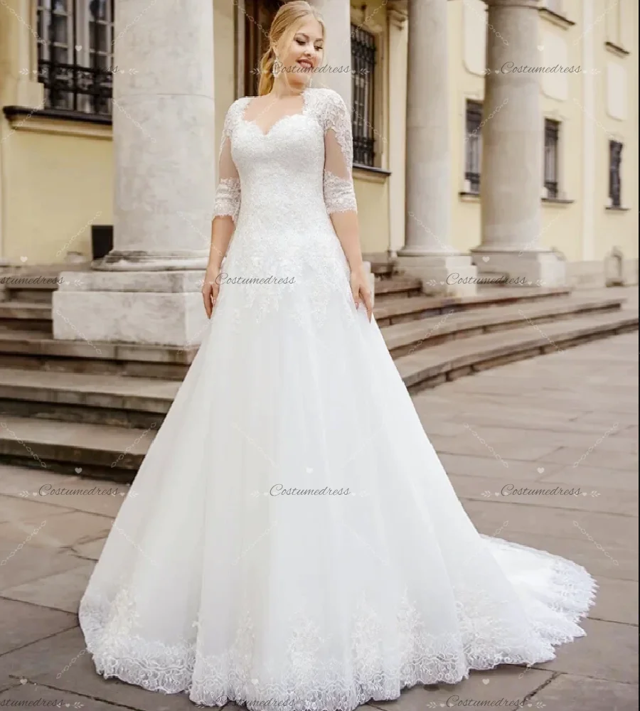 Plus Size Brautkleid mit offenem Rücken 2026, halbe Ärmel, Spitze, böhmisches Gartenbrautkleid, A-Linie, kurviges Tüll-Landbrautkleid