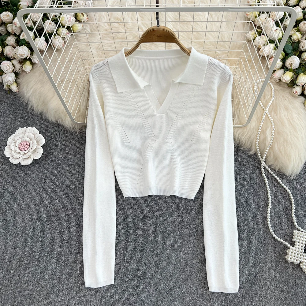 Long Sleeve Slim Knitted Turn Down Collar Tshirt Sexy Elegant T Shirt Fashion High Waist Tees Women Spring Autumn Crop Top Y2k