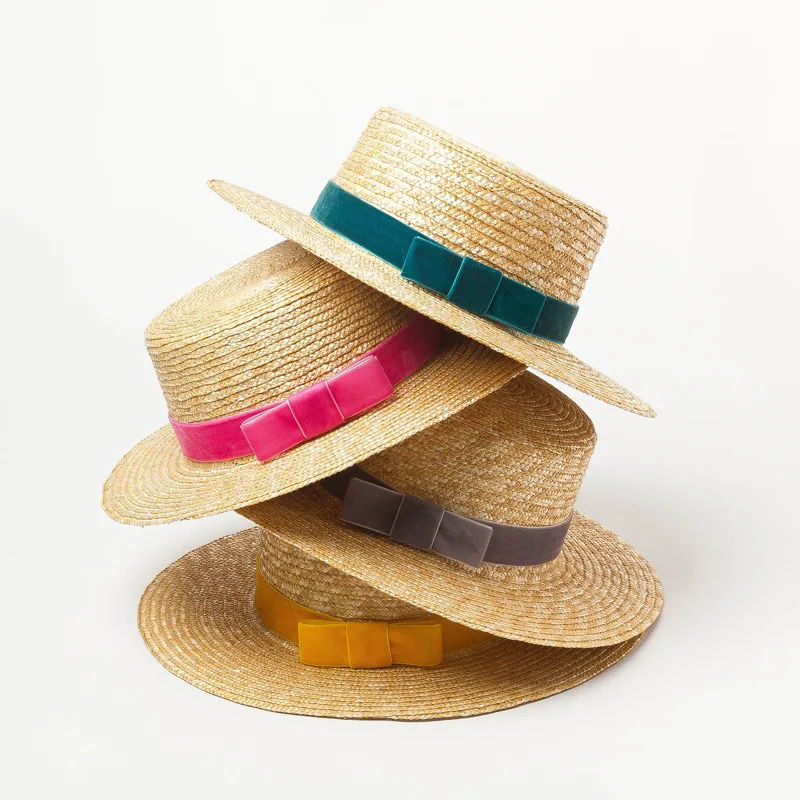 

X244 Wheat Straw Sun Hat New Fashion Simple Velvet Webbing Decorative Flat Top Straw Hat Flat Top Straw Hat Sun Beach Caps