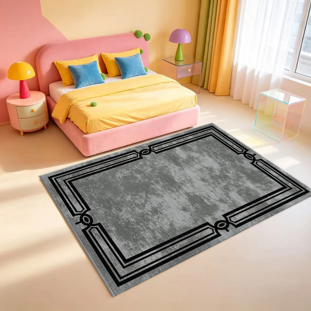 Vintage Distressed Black Border Area Rug Retro Abstract Texture Floor Carpet for Living Room Bedroom Home Decor