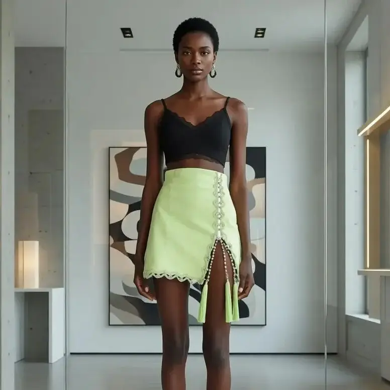 

Mint Green High Waist A-Line Mini Skirt with Lace Trim Fringe Summer Party Skirt Casual Street Style Glamorous Women Clothing