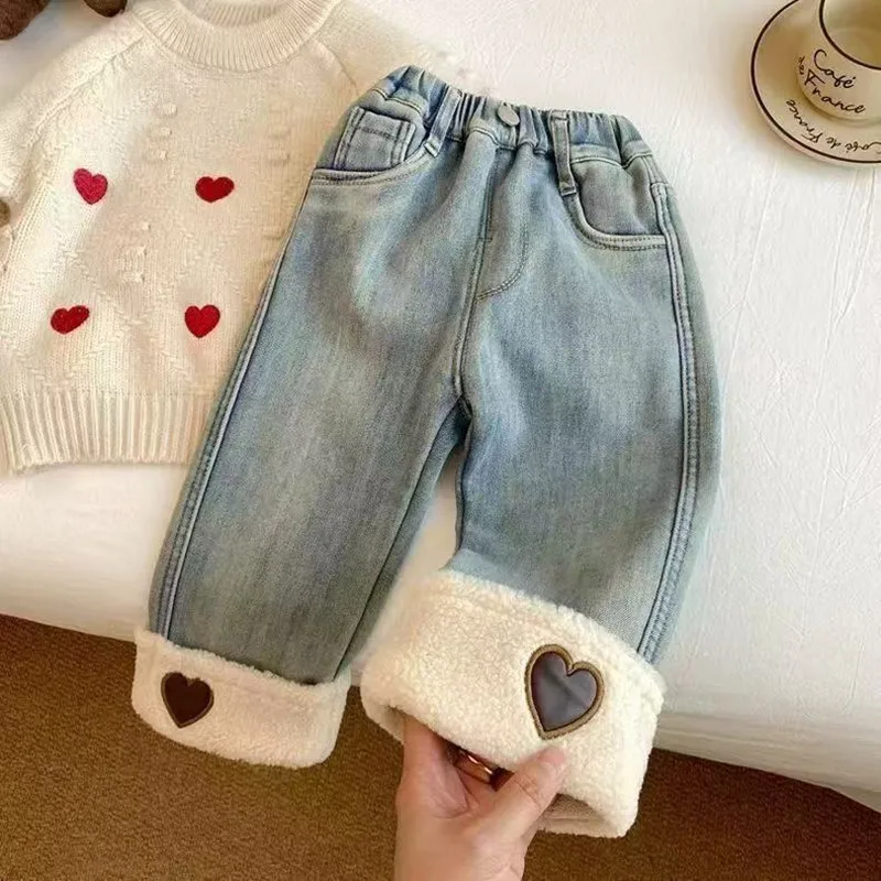 

Girls Padded Trousers Autumn and Winter New Fashion Straight Thickened Jeans Female Treasure Foreign Wide-legged Trousers