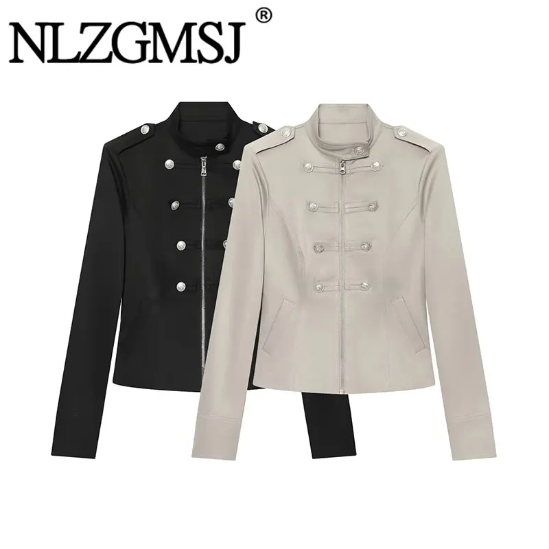 Nlzgmsj 2026  Autumn Elegant Ladies Stand Collar  Jacket Double Row Buttons Zipper Slim Short Outerwear Daily Casual Coat Y2K