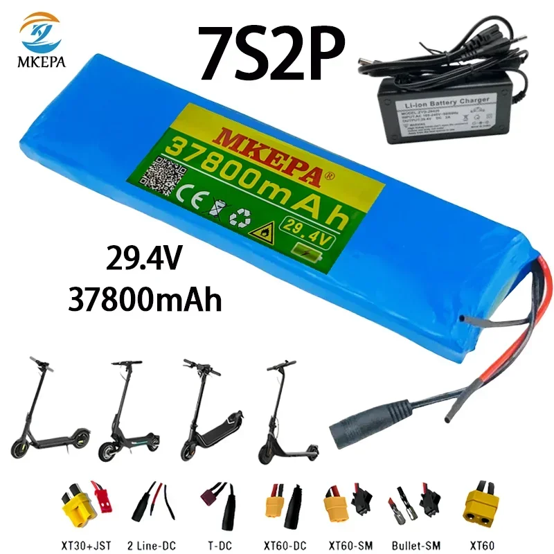 New 18650 7S2P Li-ion Battery, 29.4V, 37.8Ah, 37800mAh, Suitable for Electric Bicycles, Mopeds, Scooters, BMS