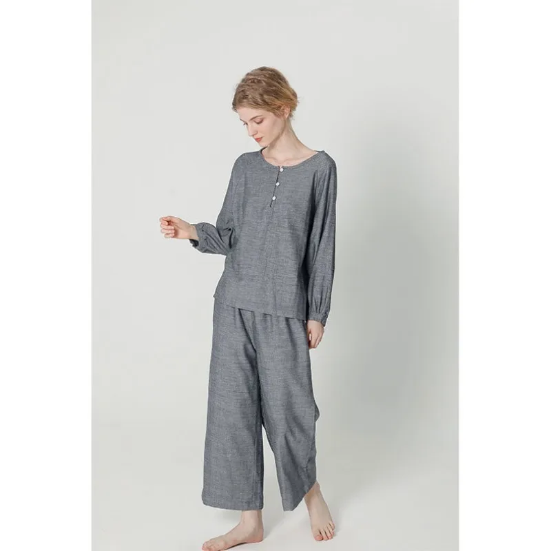 

2023 Autumn Cotton Double Layer Gauze Women's Pajamas Loose Comfortable Breathable Long Sleeve Set Round Neck Sleepwear 2 Pieces