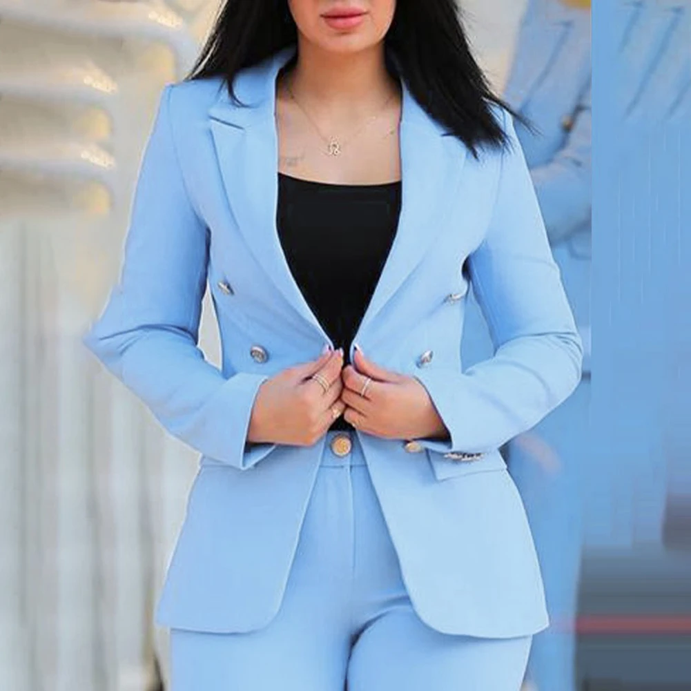 ชุดเซ็ต 2 ชิ้น ชุดลำลองผู้หญิง สภาพใหม่ ผ้าโพลีเอสเตอร์ ความยาวปกติ สีพื้น ดีไซน์ทันสมัย สไตล์ธุรกิจ