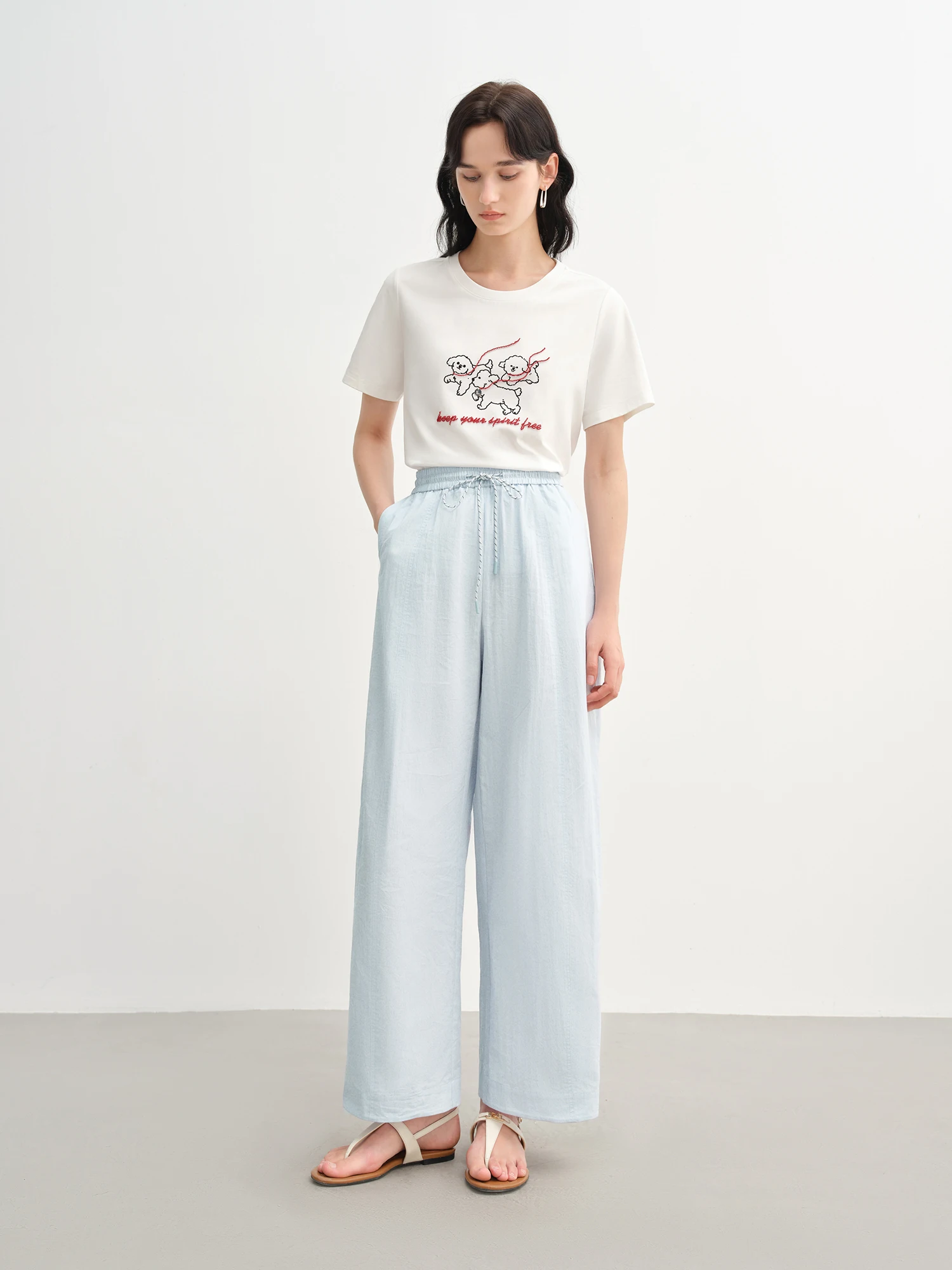 DUSHU Women's Elastic Waist Drawstring Wide Leg Casual Pants 2025 Summer New Arrival High Waist Slim Fit Pants 25DS82762