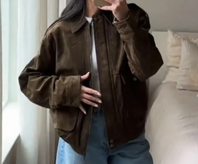 

2026 New Spring Lady Loose Outwears Brown Suede Jacket For Women Fashion Lapel Zipper Long Sleeve Pockets Motorcycle Bomber Coat