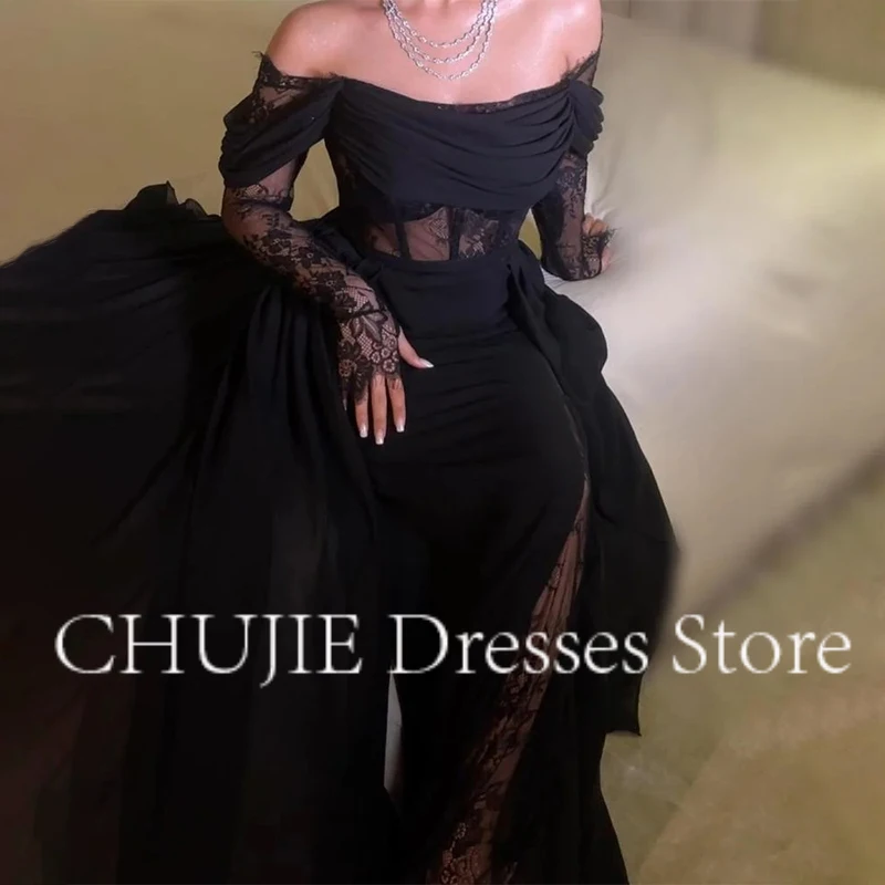 

Black Gorgeous Women's Evening Gowns Off Shoulder Princess Prom Dresses Sexy Side Slit Fashionable Celebrity Formal Party Robes