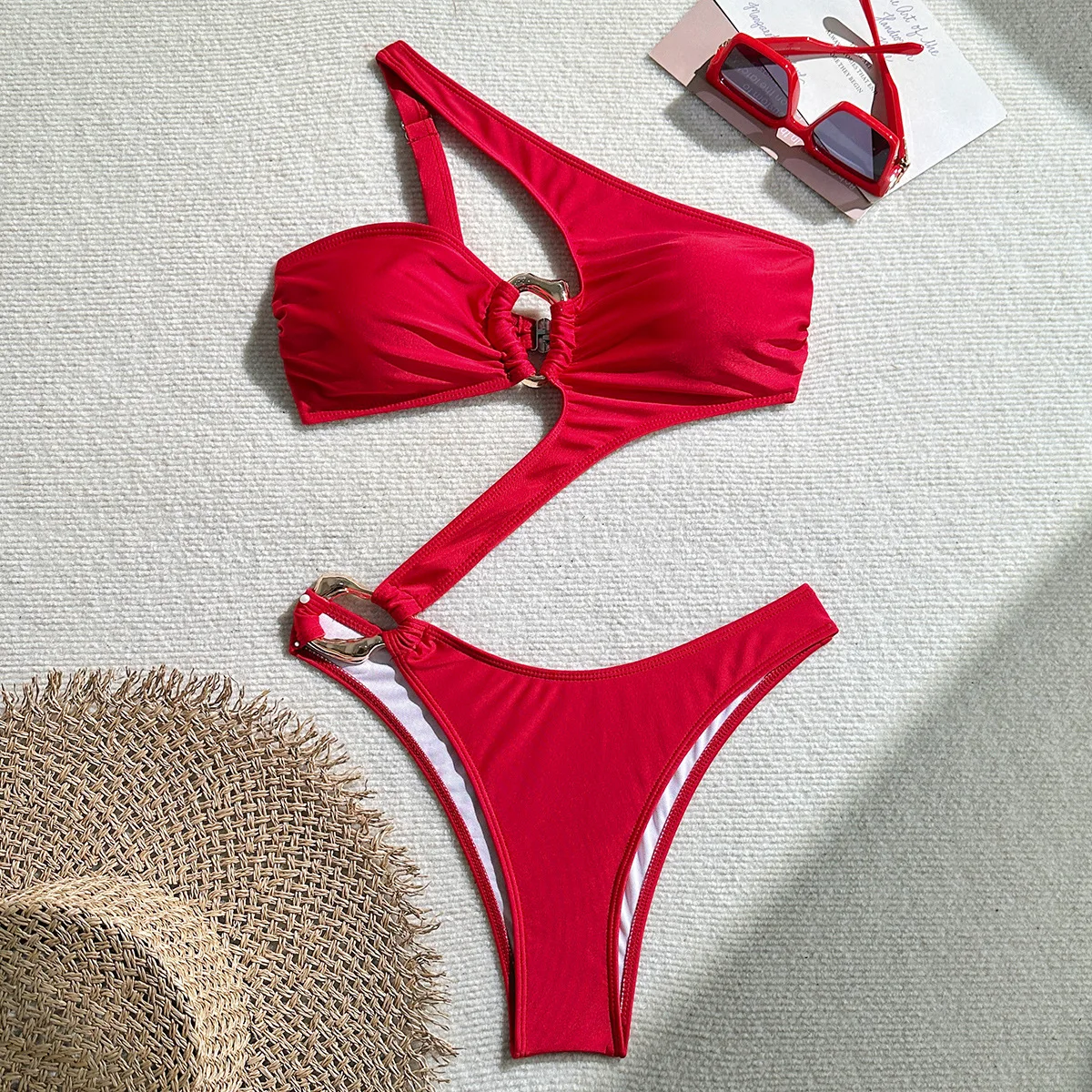 Asymmetric One Shoulder Monokini Cut Out One Piece Swimsuit Women Backless Swimwear Female Metal Ring Bather Bathing Suit Swim