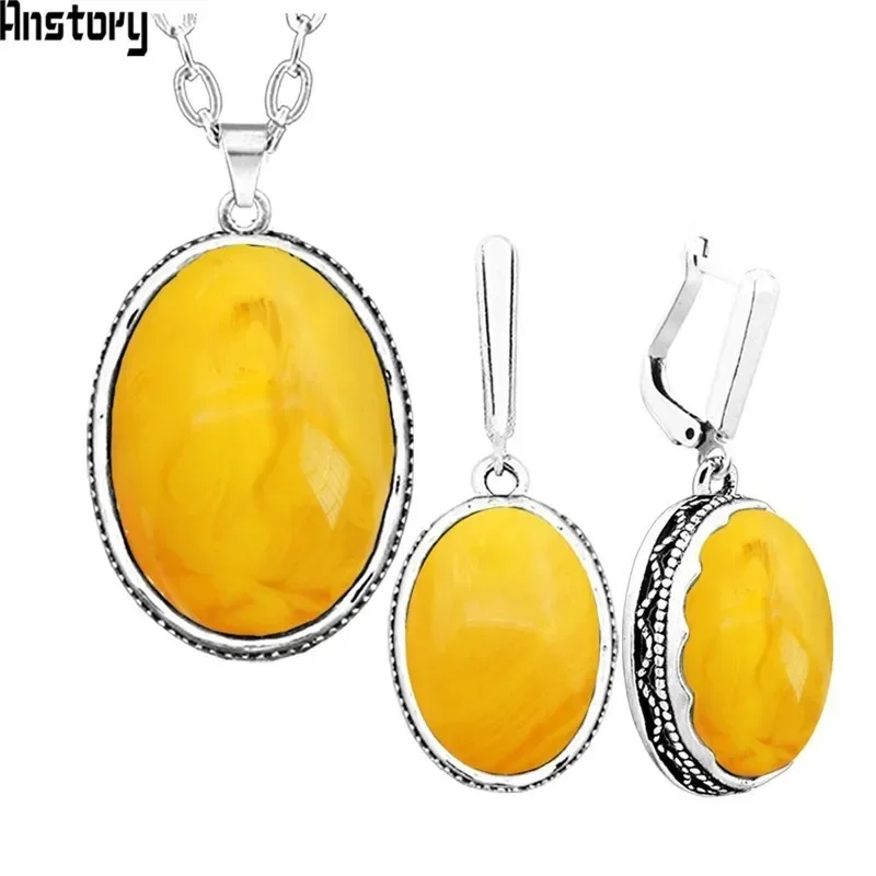 Anstory Simulated Beeswax Necklace Earrings Set Chokers Stainless Steel Chain Hollow Flower Pendant Fashion Jewelry