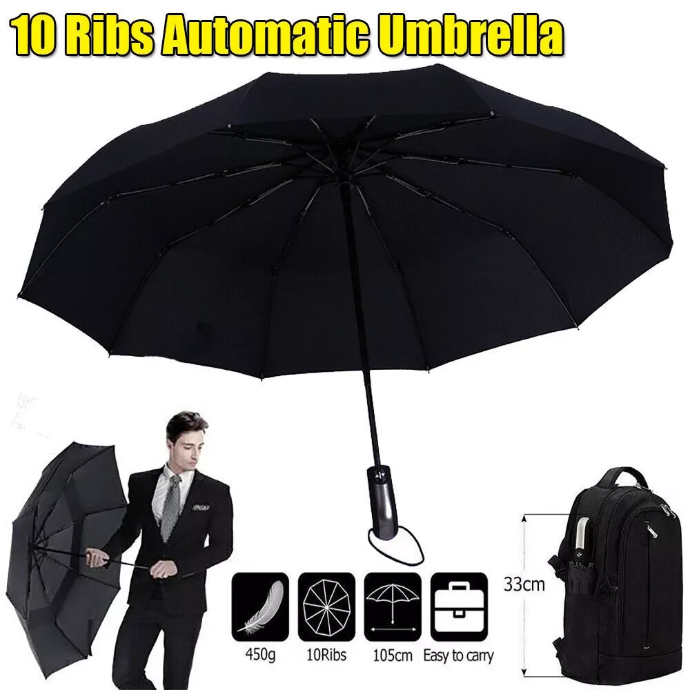 10 Ribs Windproof Umbrella Automatic Open Close Foldable Travel Compact Folding Men Women Umbrellas Black