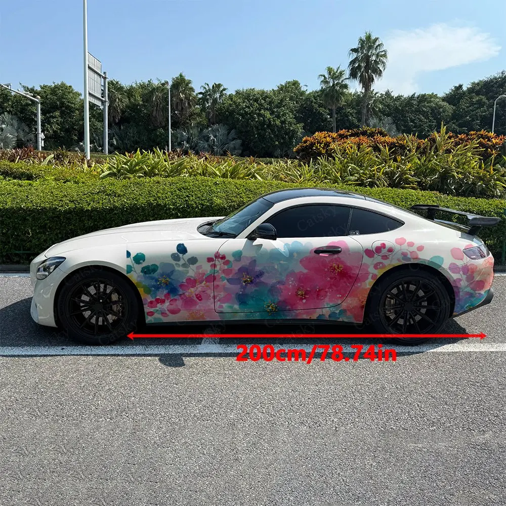 2pcs Watercolor Bloom Flower Field, Durable, Fade-resistant, Enhance Vehicle Aesthetics With Bold Artistic Design Car Vinyl Wrap