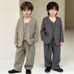 Boys Suit Set Spring Casual Loose Jacket Vest Trousers 3-piece Kids School Uniform 2-13 Years Teen Children Performance Costume