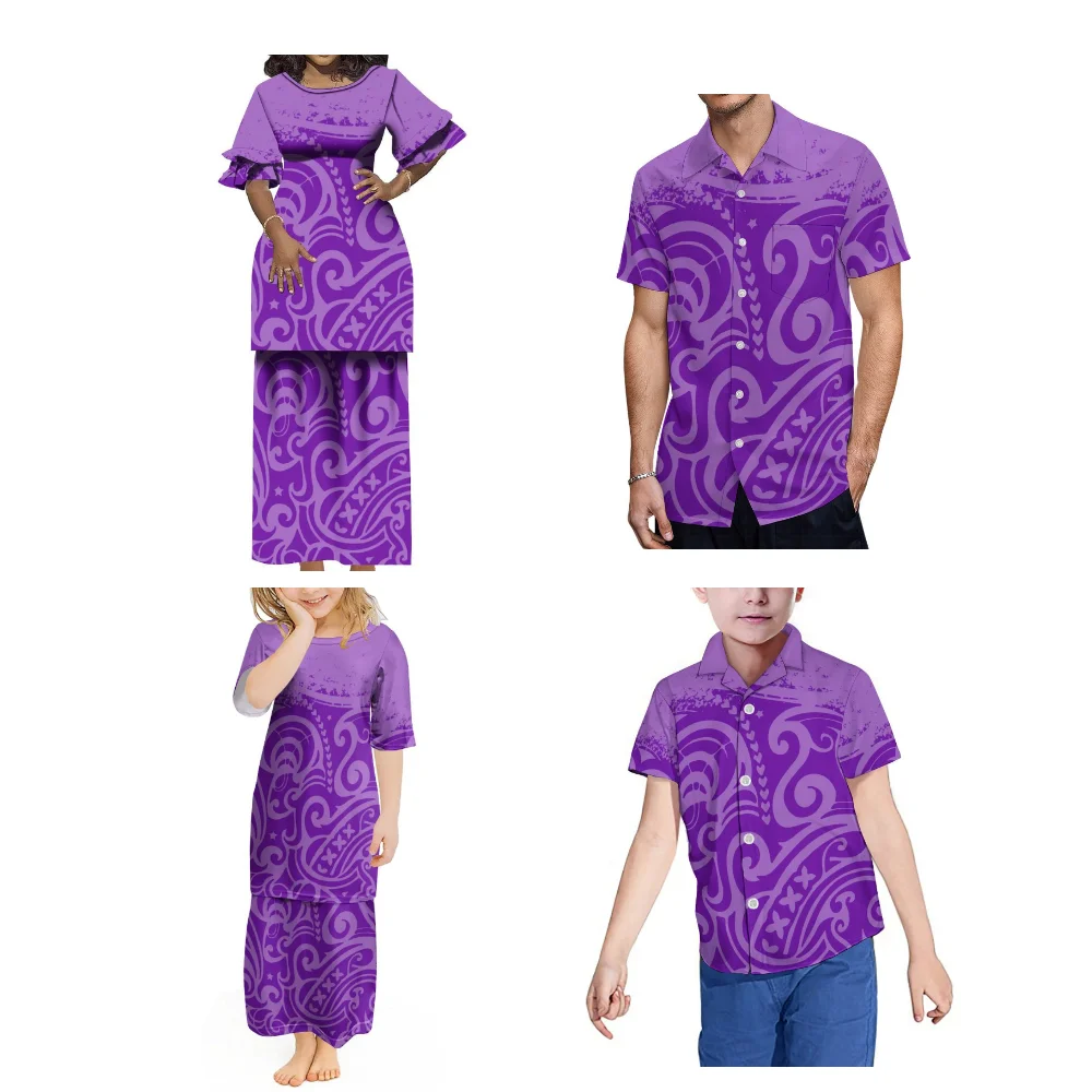 Family Gathering Party Dress Family Suit Polynesian Print Custom Mother-Daughter Puletasi Suit Dress With Father And Son Shirt