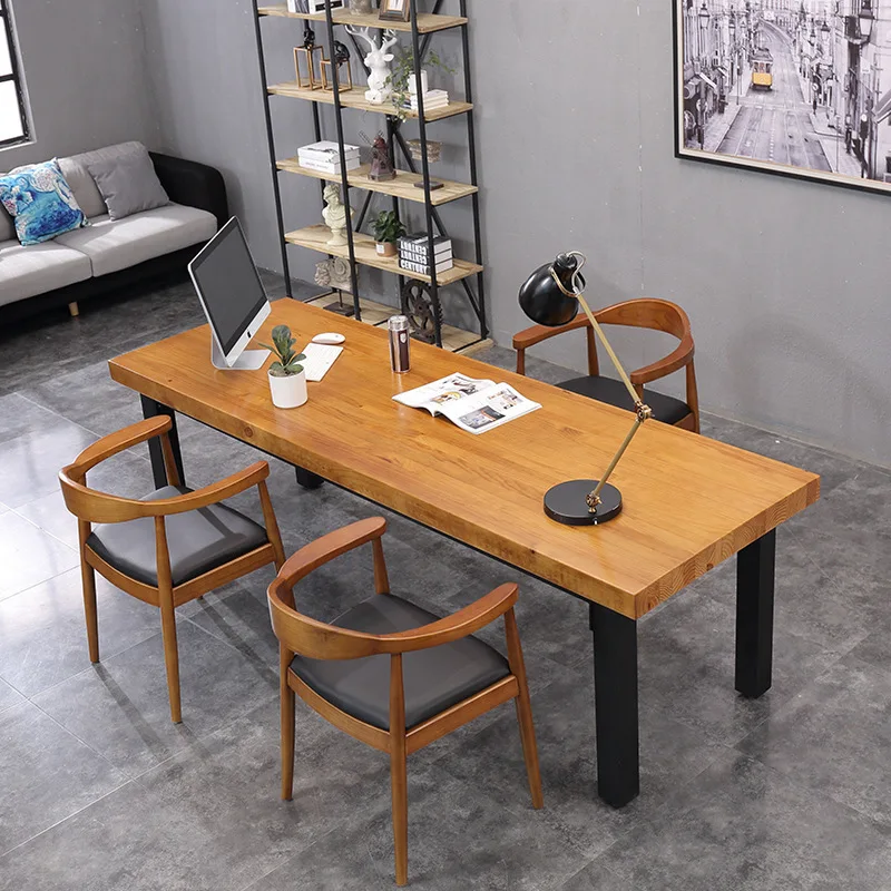 

Solid wood retro long table, simple modern staff desk, work rectangular negotiation table, staff computer desk