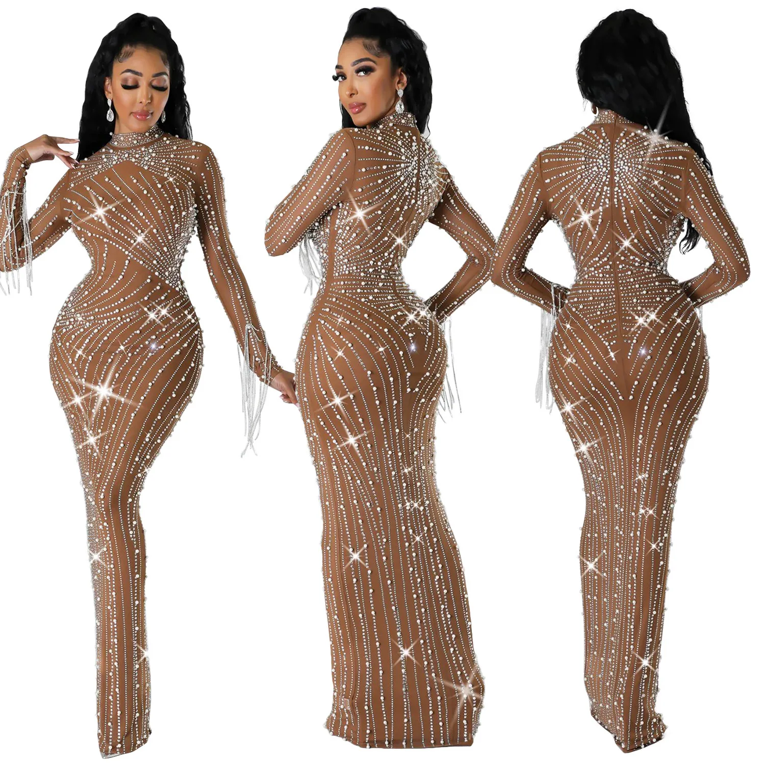 

Luxury Women's Mesh Diamond Long Sleeve Ball Dress Party Formal Evening Dress Drill Drill Front Room Dress