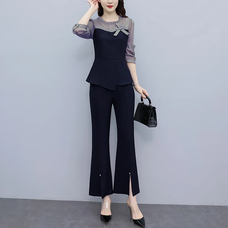 Women Chiffon Patchwork Elegant Pants Sets For Spring Autumn 2023 New Office Lady Slim Bow 2 Pieces Pantsuits Outfits Oversize