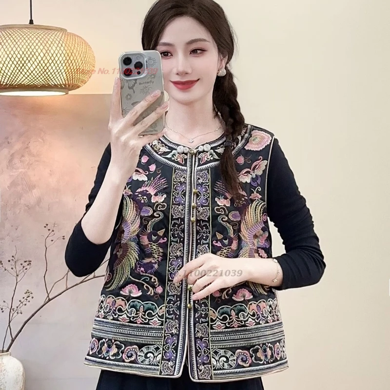 

2025 китайский винтажный атласный жаккардовый жилет с круглым вырезом, народный жилет, жилет с национальной вышивкой Феникса, куртка без рукавов, ретро топы ханьфу