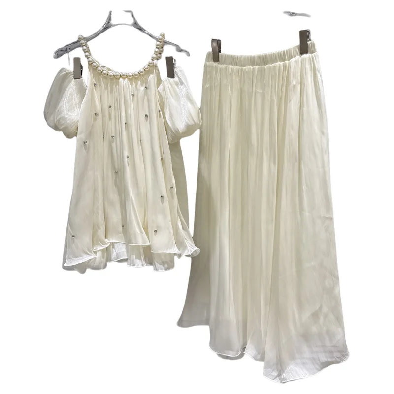 

Summer 2026 Trendy Pearl Soft Shoulder Bared Shawl Long Skirt Chiffon Set Women's Fashion Two-Piece Suit Gentle Style