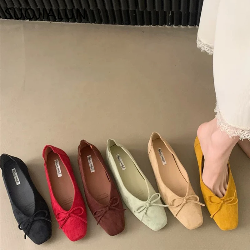 SUOJIALUN 2025 New Brand Women Flat Shoes Fashion Round Toe Shallow Slip On Boat Shoes Soft Flat Heel Outdoor Dress Single Shoes