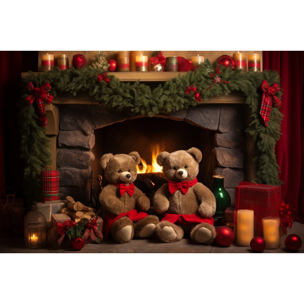 Christmas Window Bear Photography Backdrops Kids Adult Photocall Props Fireplace Background For Family Photo Studio