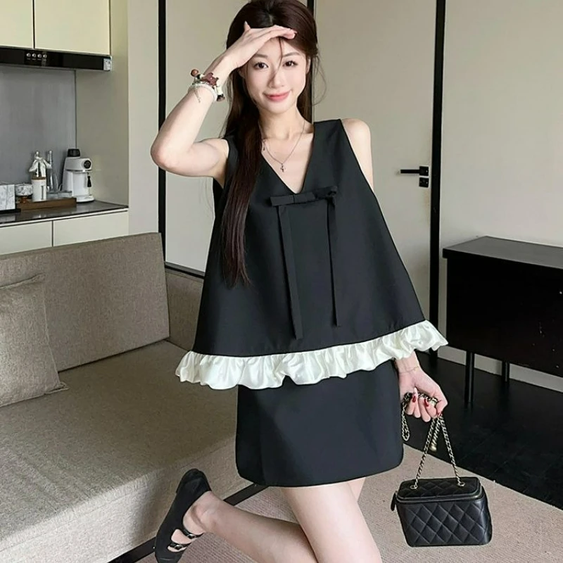 

French Bow V-neck Color-blocking Vest Suit Skirt for Women 2026 Summer New Fashion Elegant and Stylish Ladylike Two-piece Dress