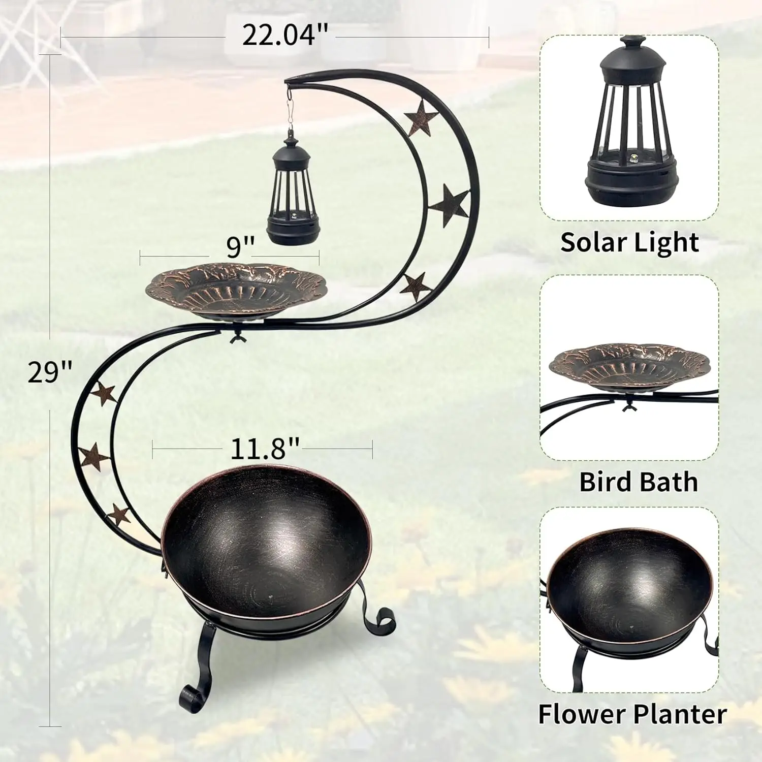 Solar-Powered Vintage Metal Bird Bath with Flower Planter for Garden Yard Decor
