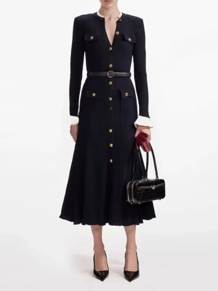 

Ele Knitted Long Sve Slim Fit Dr High Waist Fi Tail Skirt Single Button Closure Autumn Wear for Ladies Commute Sle