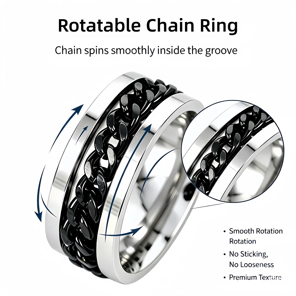Stainless Steel Fidget Ring 8MM Chain Inlay Spinner Design Comfort Fit Stress Relief Band for Men And Women Size 5-12