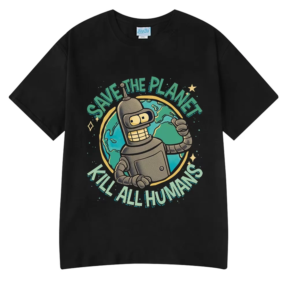 Camiseta divertida con estampado gráfico de robot Save The Planet Kill All Humans, camiseta de manga corta a la moda para hombre y mujer, camisetas de algodón de gran tamaño