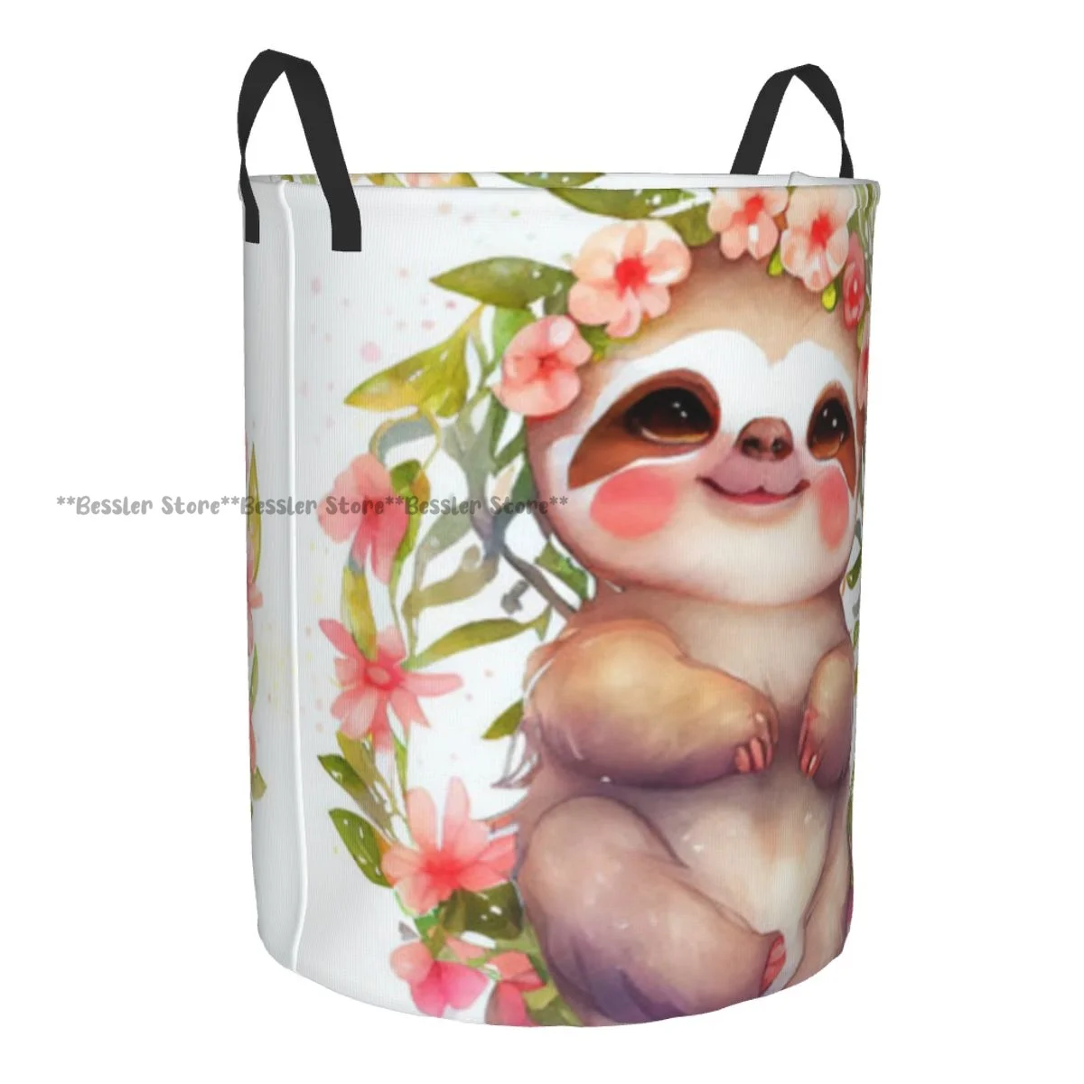 Dirty Laundry Basket Adorable Sloth With Floral Wreath Portrait Folding Clothing Storage Bucket