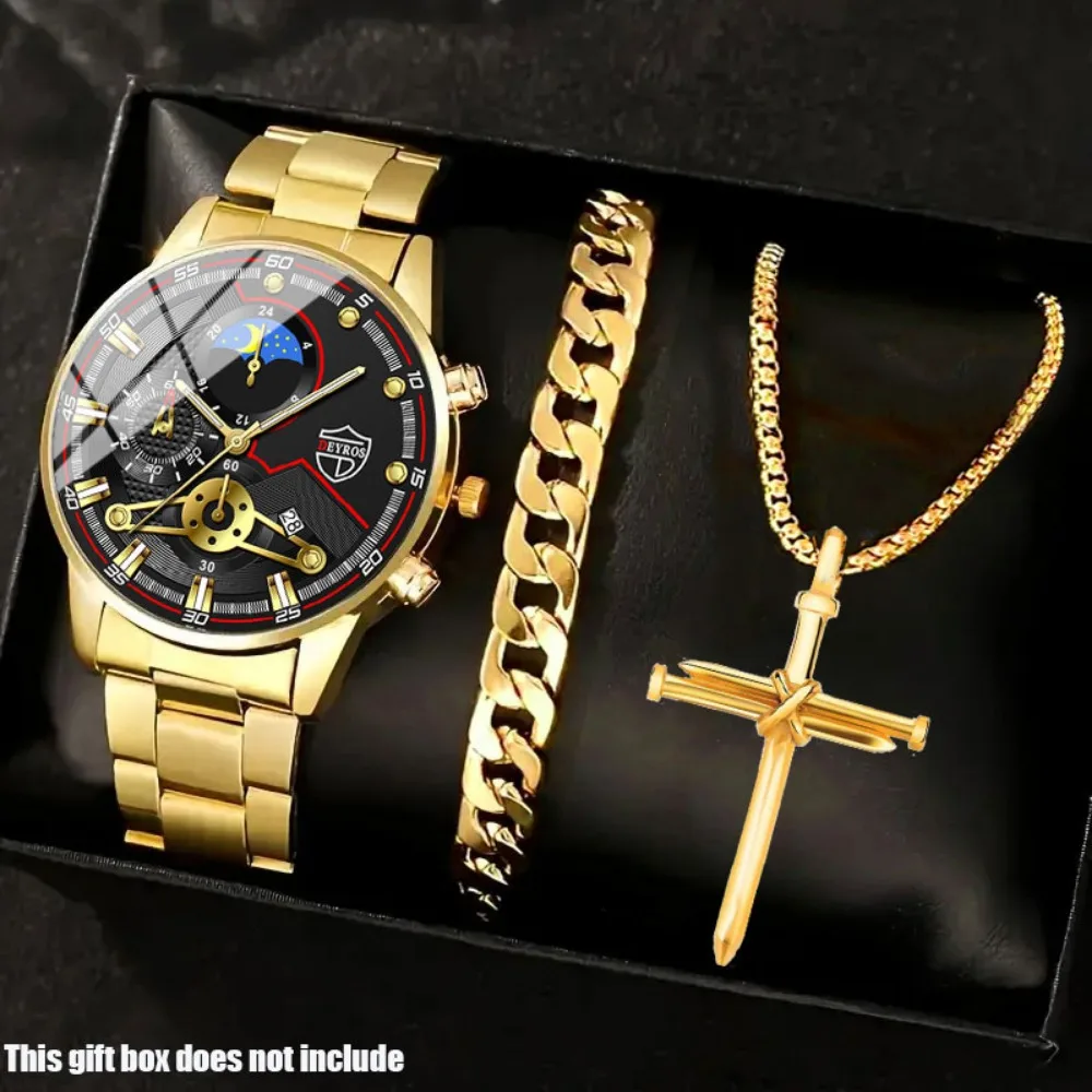 Роскошный мужской комплект часов из трех предметов с ремешком из сплава. Мужские часы для отдыха. Мужские часы и браслет-ожерелье в подарок для мужчин.