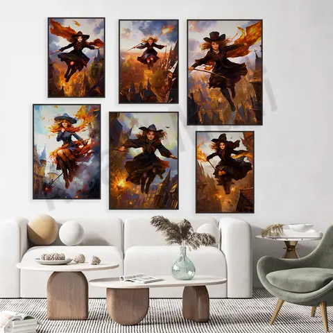 Flying Witch Poster, Dark Art Horror Witch Print Living Room Home Decor Gothic Horror Witch Canvas Painting Wall Art