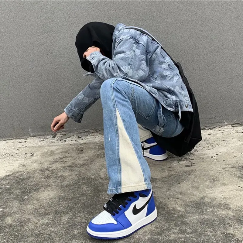 Jean Délavé en Patchwork Bleu pour Homme, Baggy Évasé, Pantalon Droit, Vintage, Denim, FjPantalones Zones bre, Y2K, 2023