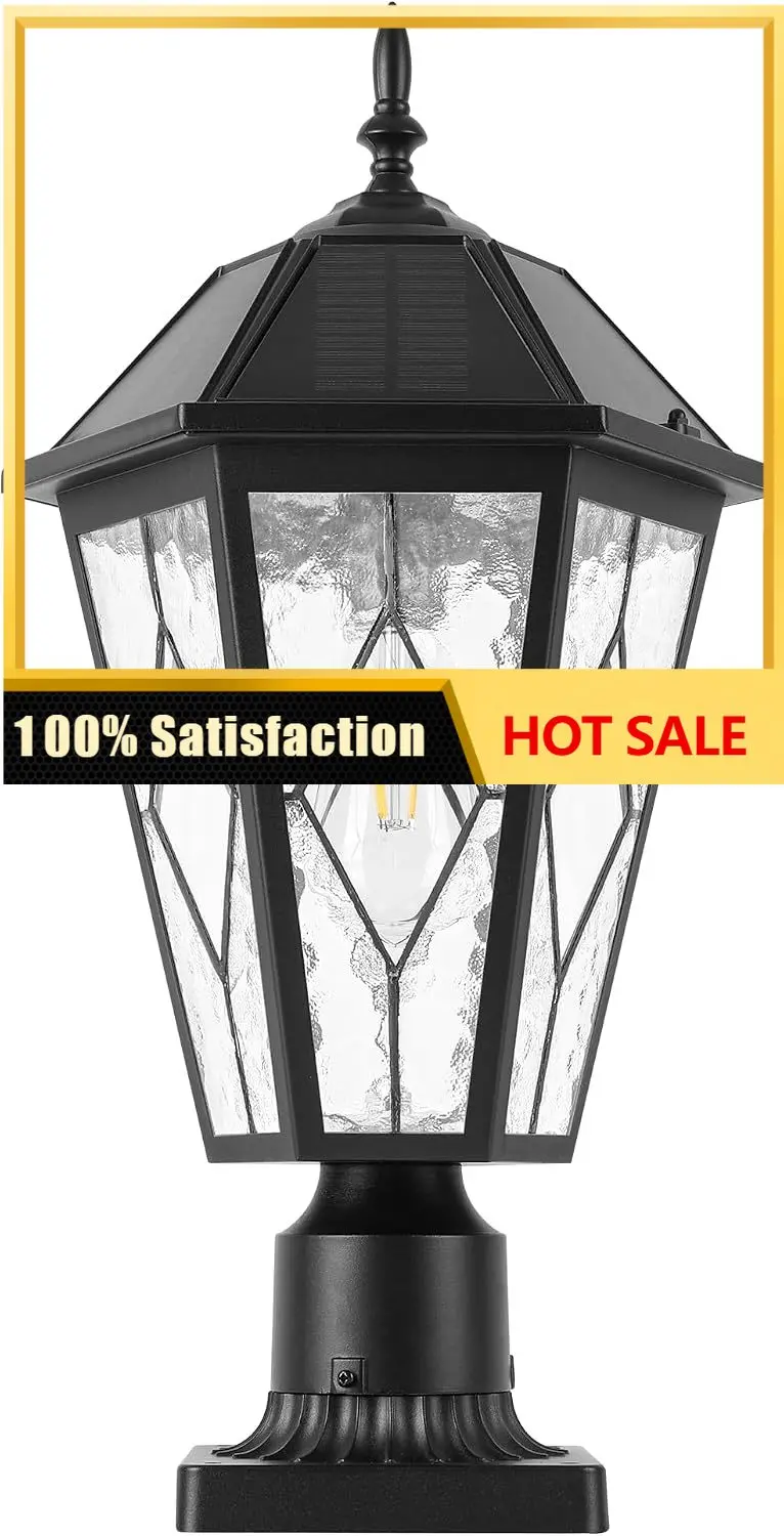 Solar Post Light Outdoor, Dusk to Dawn Vintage Post Lamp with Pier Mount Base, Wireless Black Waterproof Fence Pole Light with A