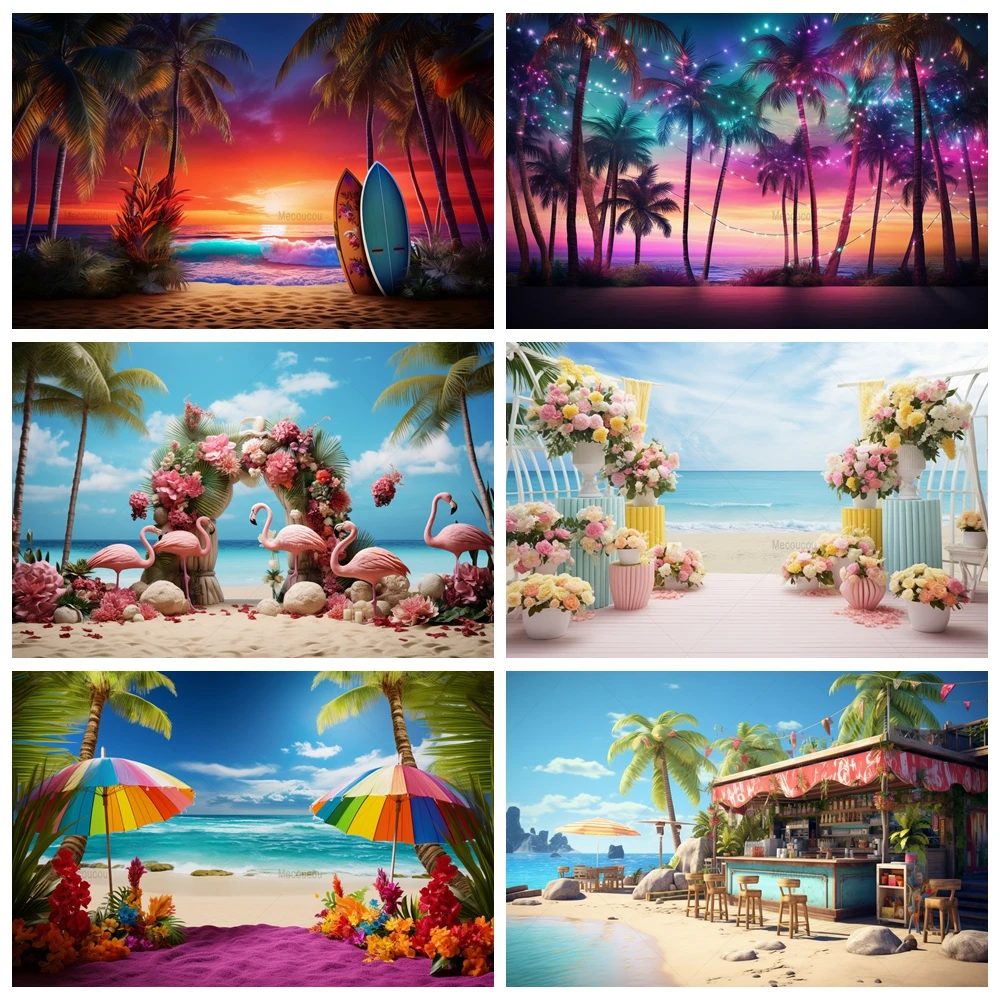 Summer Beach Photography Backdrop Tropical Sunset Ocean Beach Island Seaside Scene Flamingo Background Baby Birthday Party