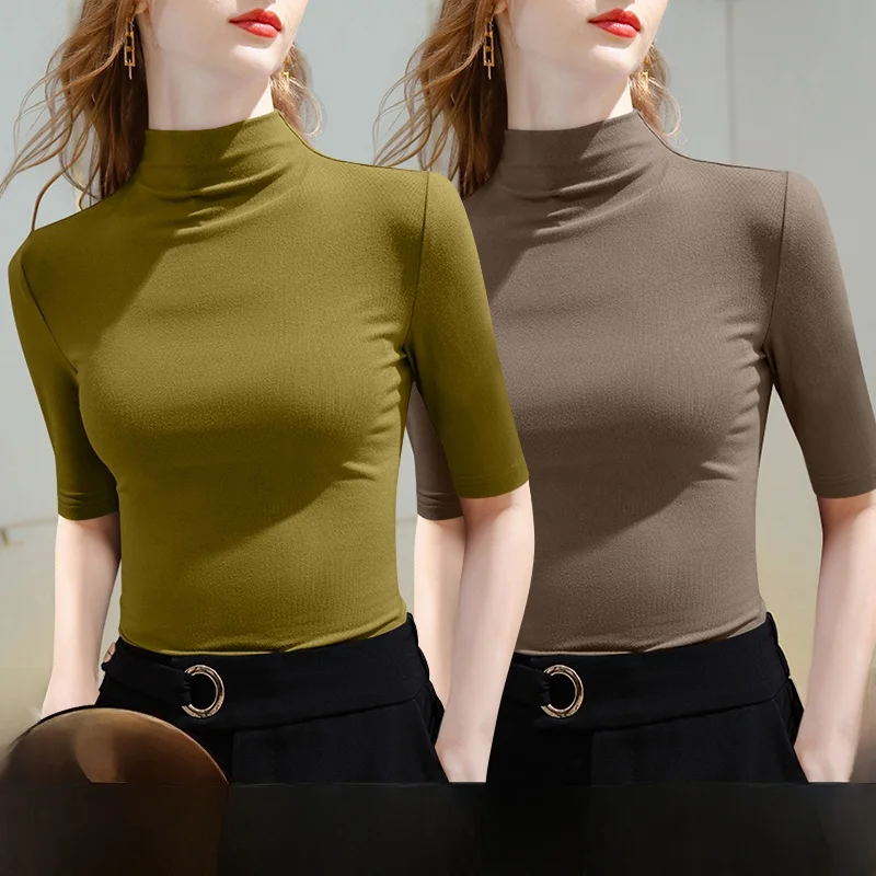 Stylish Casual Short Sleeve T-Shirt Women's 2025 New Spring Summer Mom's Wardrobe Half High Collar Trendy Base Shirt Inner We...