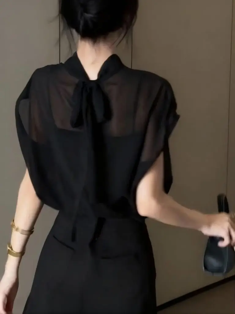Elegant Luxury Black Mesh Short Sleeve Top Women Lace Up Casual Stand Collar Bow Tie Summer Tops Ladies Batwing Chiffon Blouse