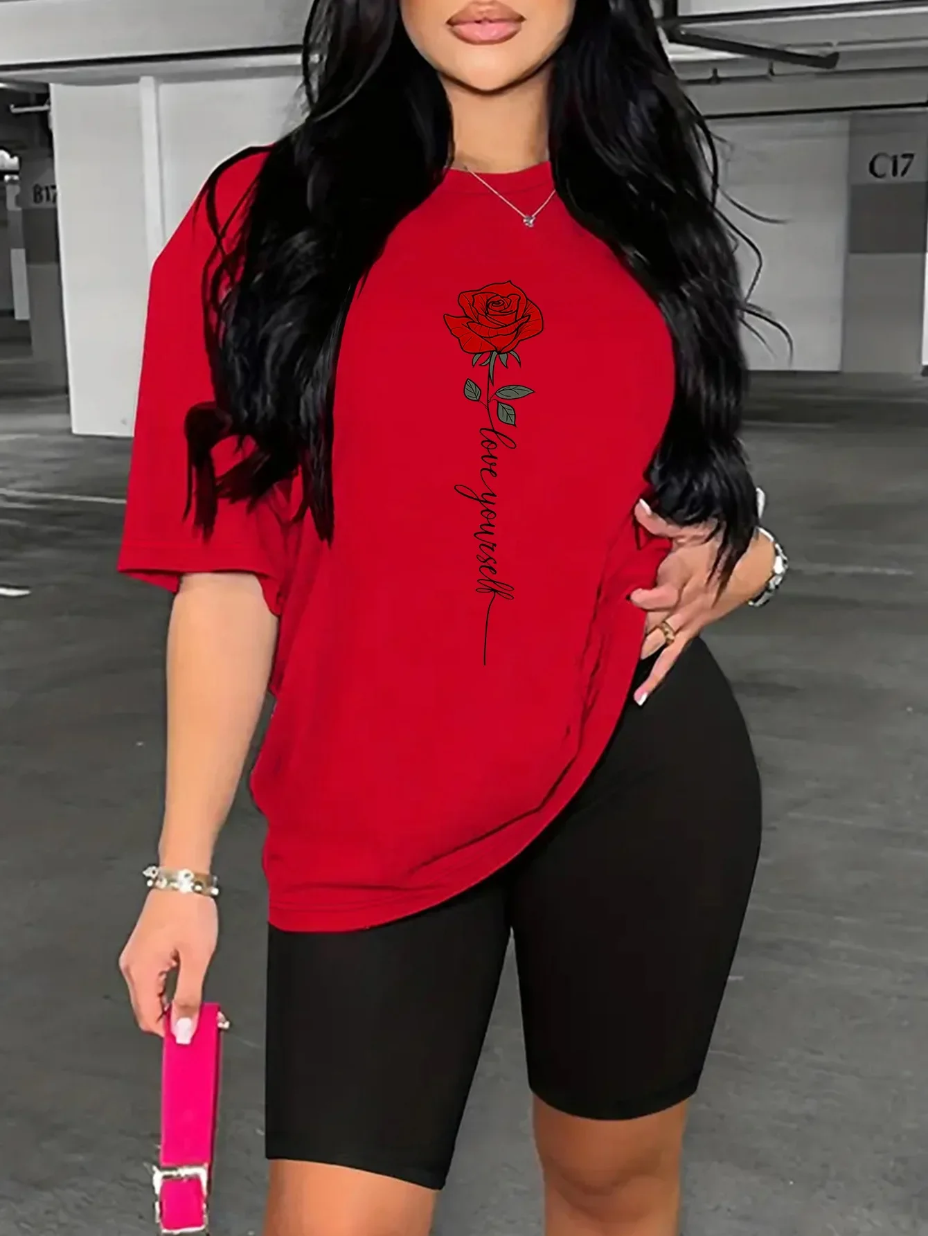 Casual Loose Fit Red T‑Shirt Romantic Rose Flower Love Yourself Letter Graphic Print Cotton Short Sleeve Daily Streetwear Tops