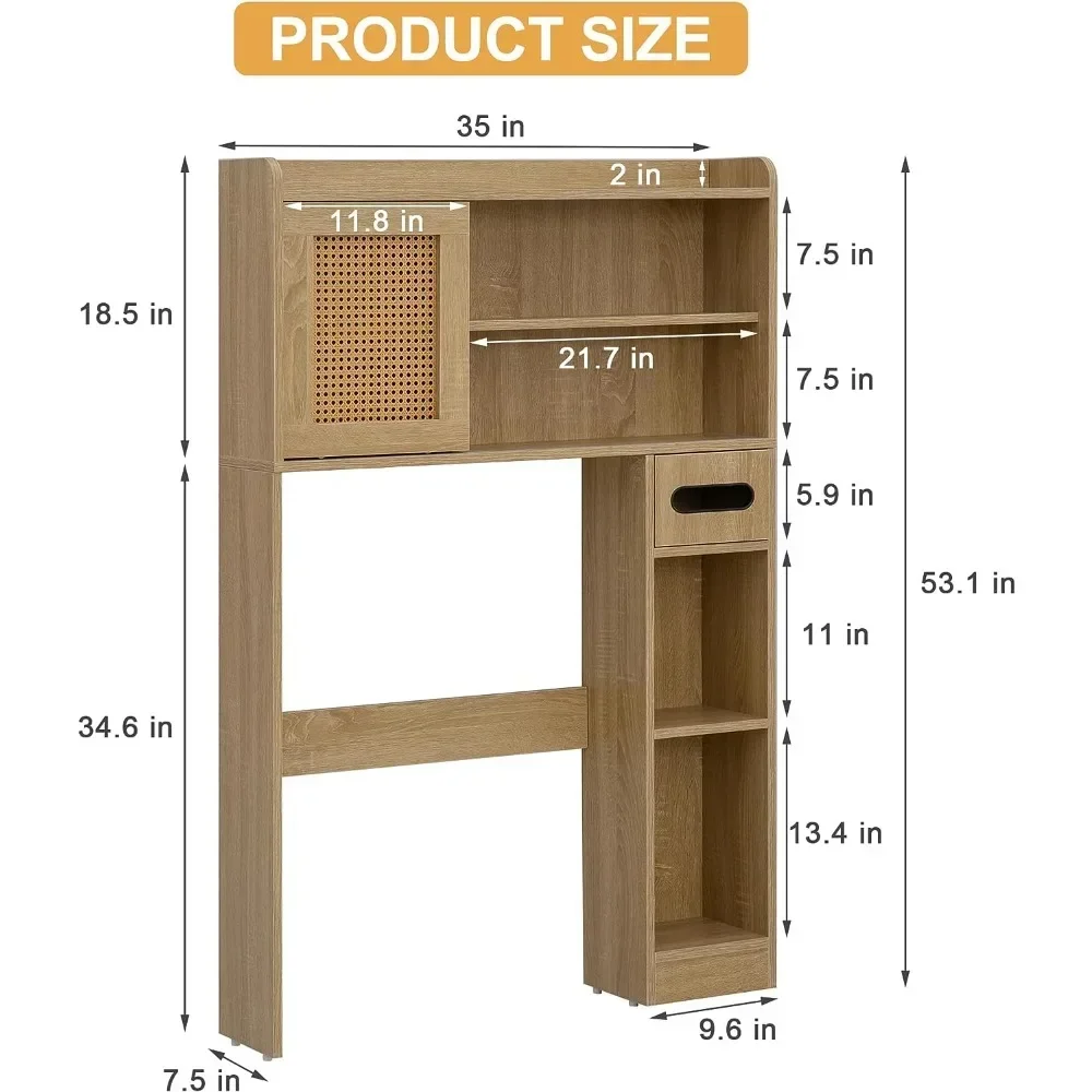 SUNTAGE 6Tier Over The Toilet Storage Cabinet, Freestanding Above Toilet Space Saver Rack w/Adjustable Shelves,(Burlywood)