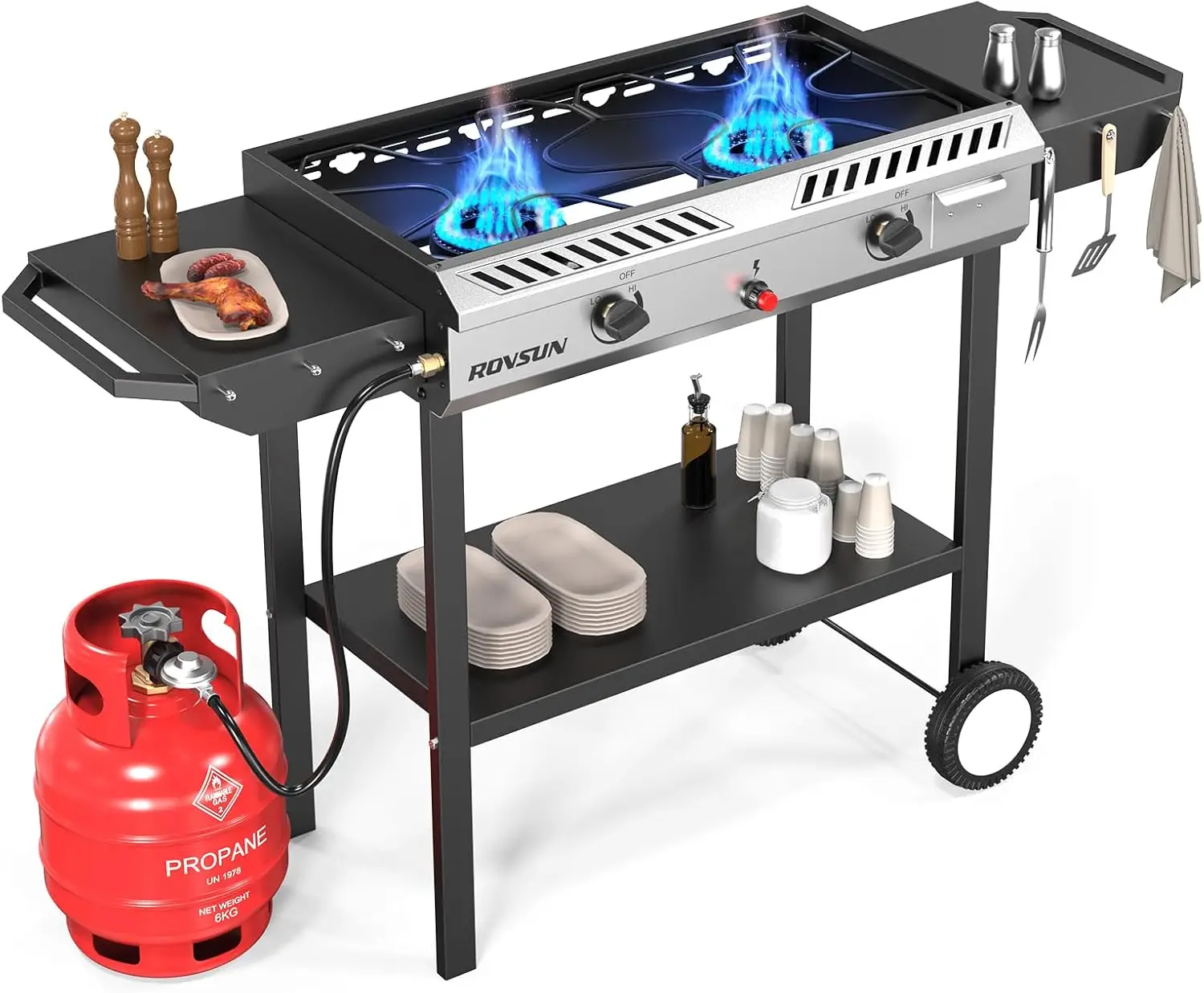 2 Burner Outdoor Propane Gas Stove with Auto-ignition, Regulator & Side Shelves, 150,000 BTU Powerful Stand Cooker for Ba