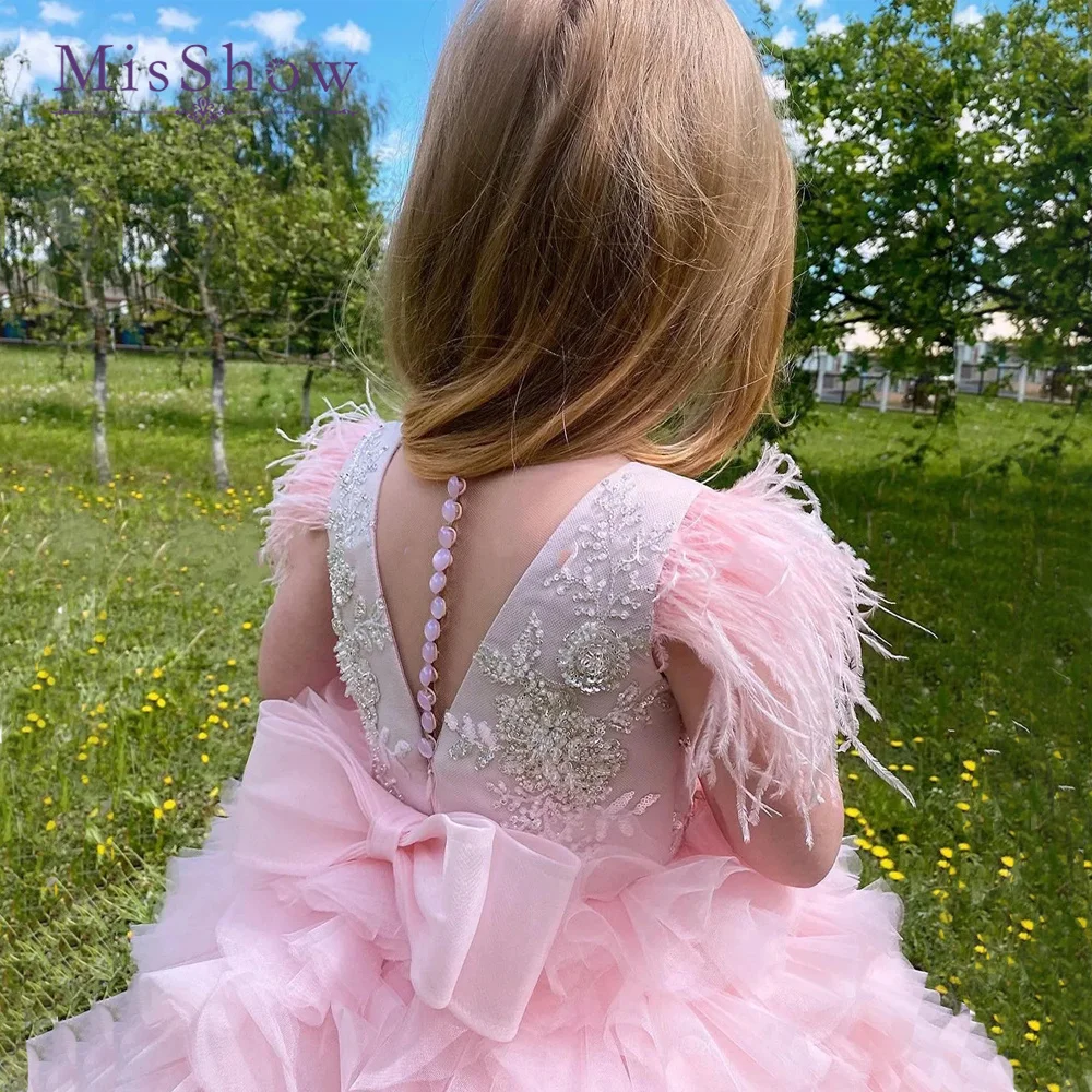 Misshow Roze Baby Meisje Verjaardagsjurk Glitter Sprankelende Kralen Veren Strik Avondfeest Pluizige Baljurk Bloemenmeisje Peuter