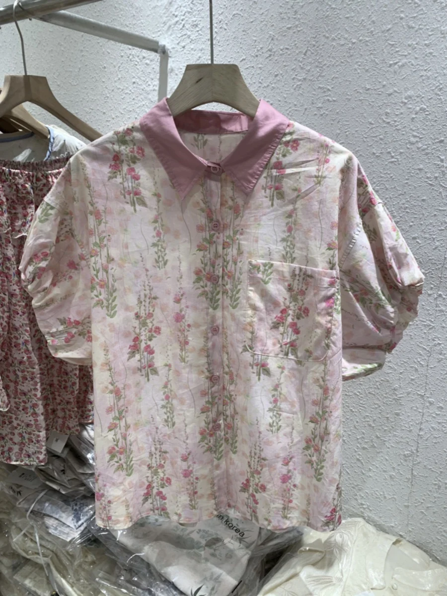 Coréen japonais imprimé fleuri ort Sve coupe ample bulle Sve irt femmes doux Sli col haut longueur régulière