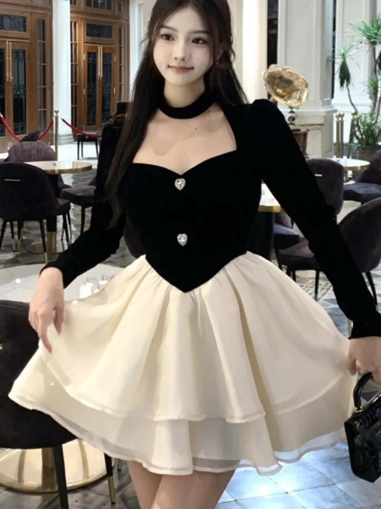 Y2K Mini Princess Dress Women Velvet Patchwork Layered Ruffles A-Line Autumn Spring Elegant Vintage Evening Party Vestidos Mujer