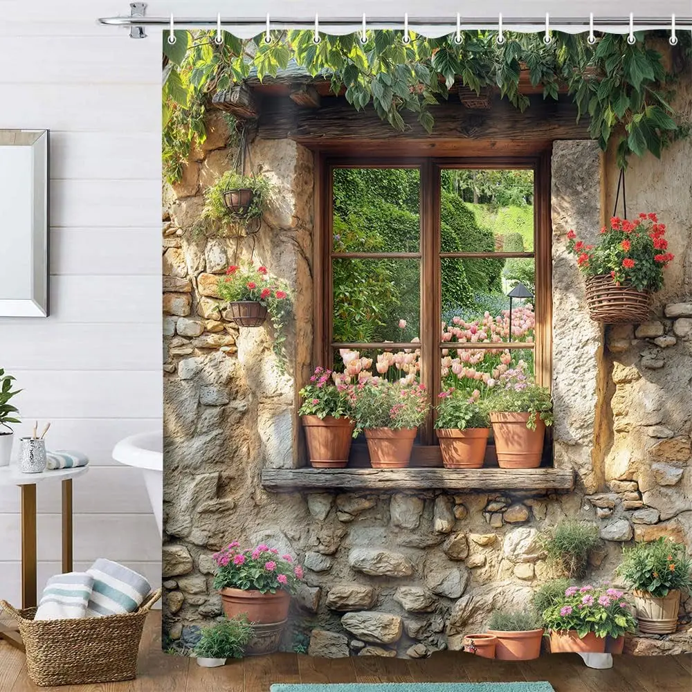 Stone Brick Wall Shower Curtainfor Bathroom,Vintage Green Leaves Floral Plant Decor Bath Curtain,Rustic Farmhouse Shower Curtain