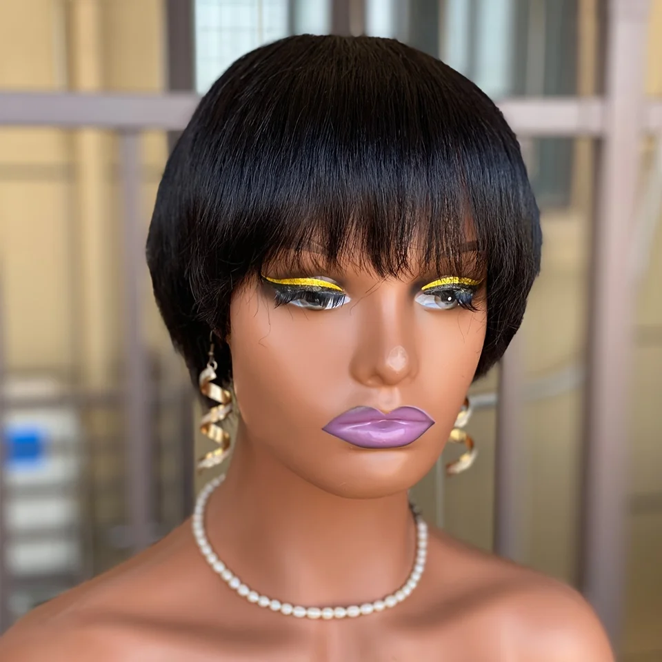 Short Human Hair Wigs for Black Women Natural Black Short Wig with Bangs Fashion Short Pixie Wig Human Hair Full Machine Wigs