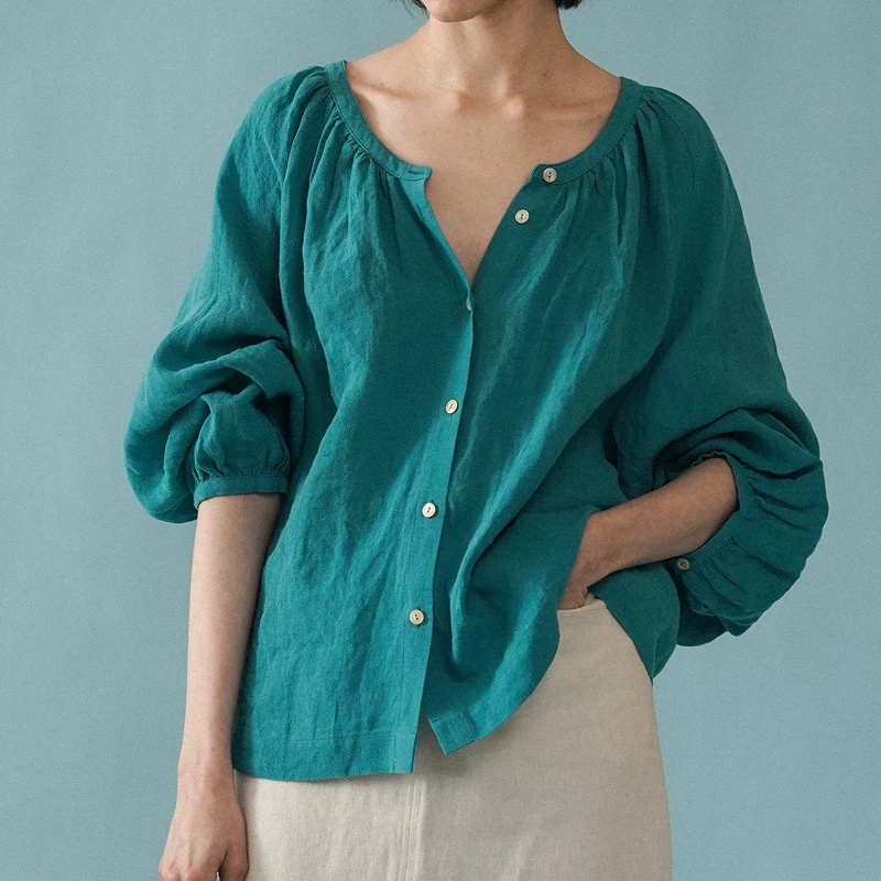 Cotton and Linen Casual Simple Shirt with Pleated Collar Women Lantern Sleeve Loose Tops Casual Sunscreen Blouse Buttons 27837