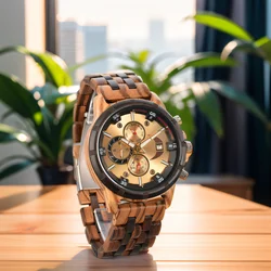 Wood Wrist Watches for Men Fashion Multifunction Golden Face Quartz Wristwatches Personalized Men's Anniversary Customized Gifts